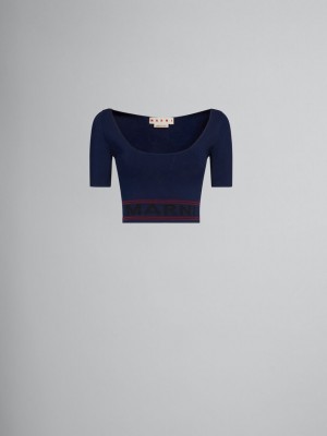Marni Scoop-neck Top With Logo Hem μπλε | PGRQX64754