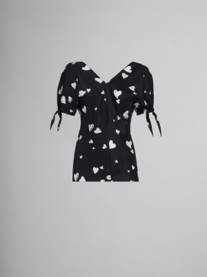 Marni Silk Bow-sleeve Top With Bunch Of Hearts Print μαυρα | GRCVG31424