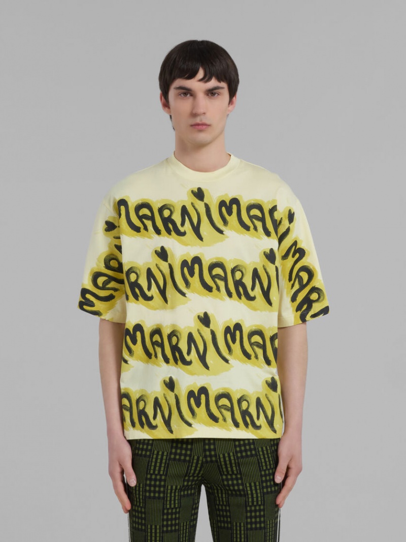 Marni Bio βαμβακερα T-shirt With Logo Stripes κίτρινα | XGRBH41875