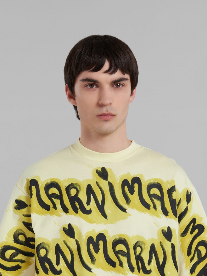Marni Bio βαμβακερα T-shirt With Logo Stripes κίτρινα | XGRBH41875