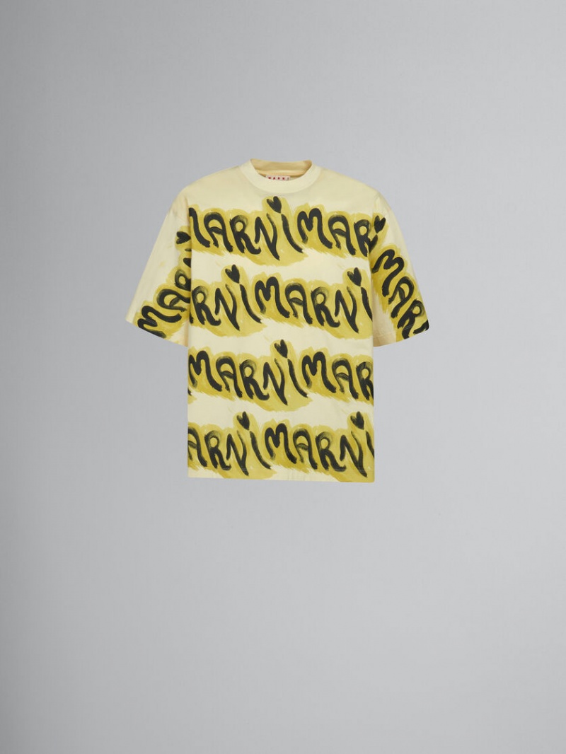 Marni Bio βαμβακερα T-shirt With Logo Stripes κίτρινα | XGRBH41875