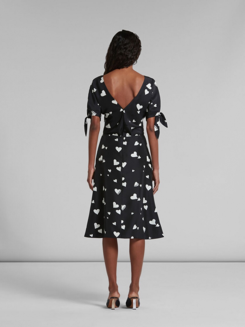Marni Flared Silk Skirt With Bunch Of Hearts Print μαυρα | XGRGW92854