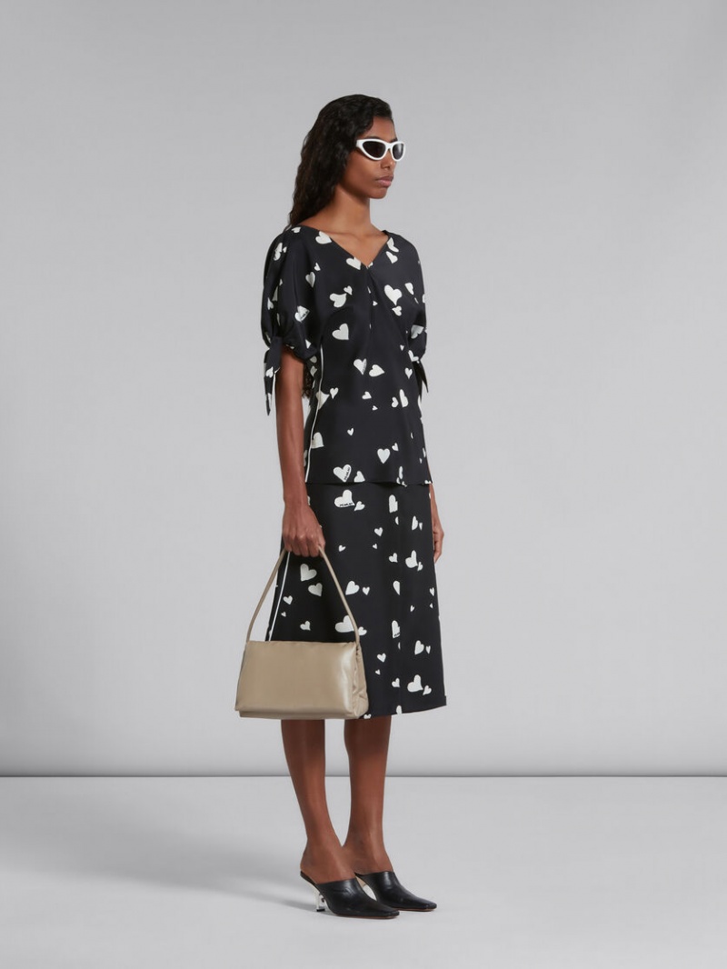 Marni Flared Silk Skirt With Bunch Of Hearts Print μαυρα | XGRGW92854