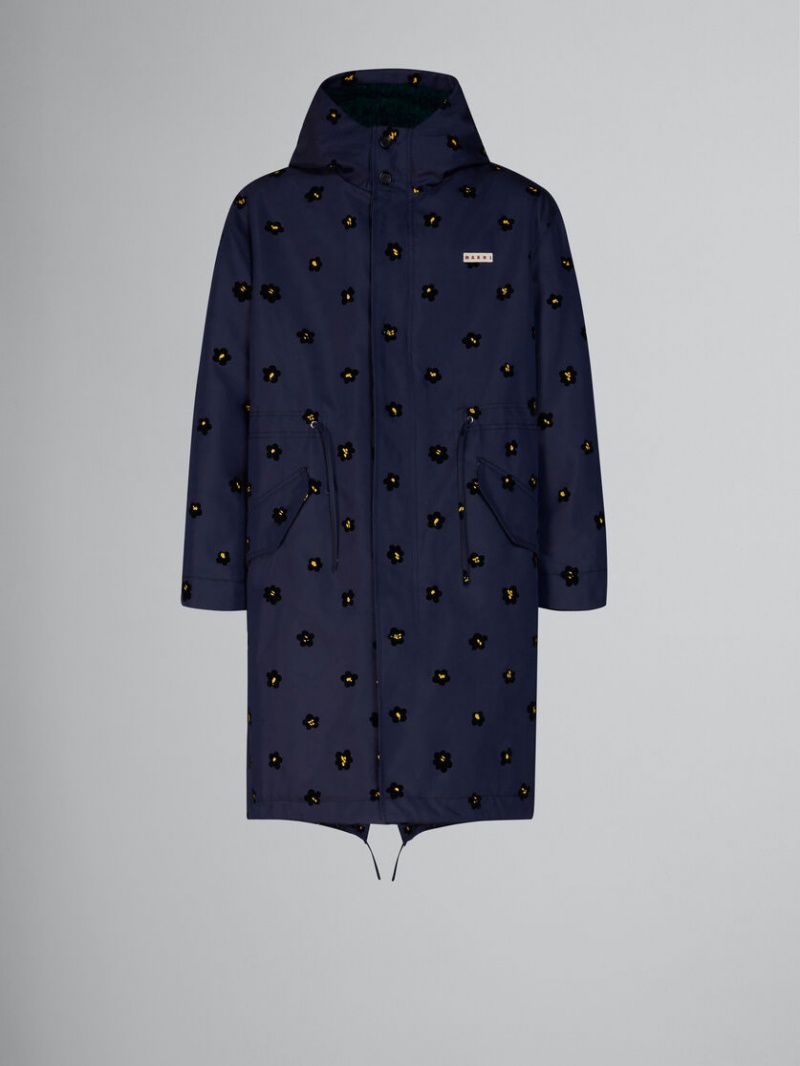 Marni Gabardine Parka With Flocked Draft Flower Print μπλε με λουλουδια | GRZPD72296