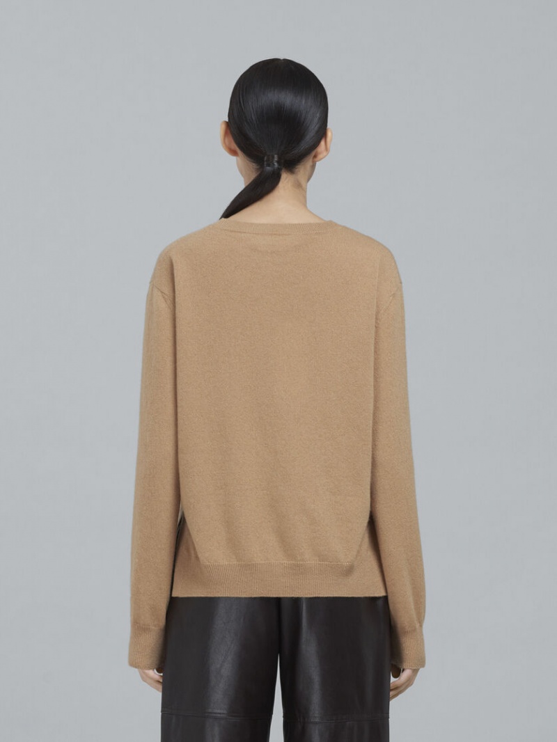 Marni Logo Cashmere Crewneck πουλοβερ Μπεζ | UGRTG92678