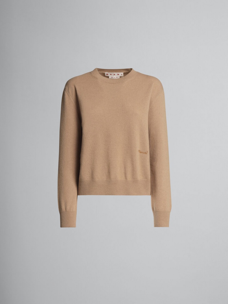Marni Logo Cashmere Crewneck πουλοβερ Μπεζ | UGRTG92678