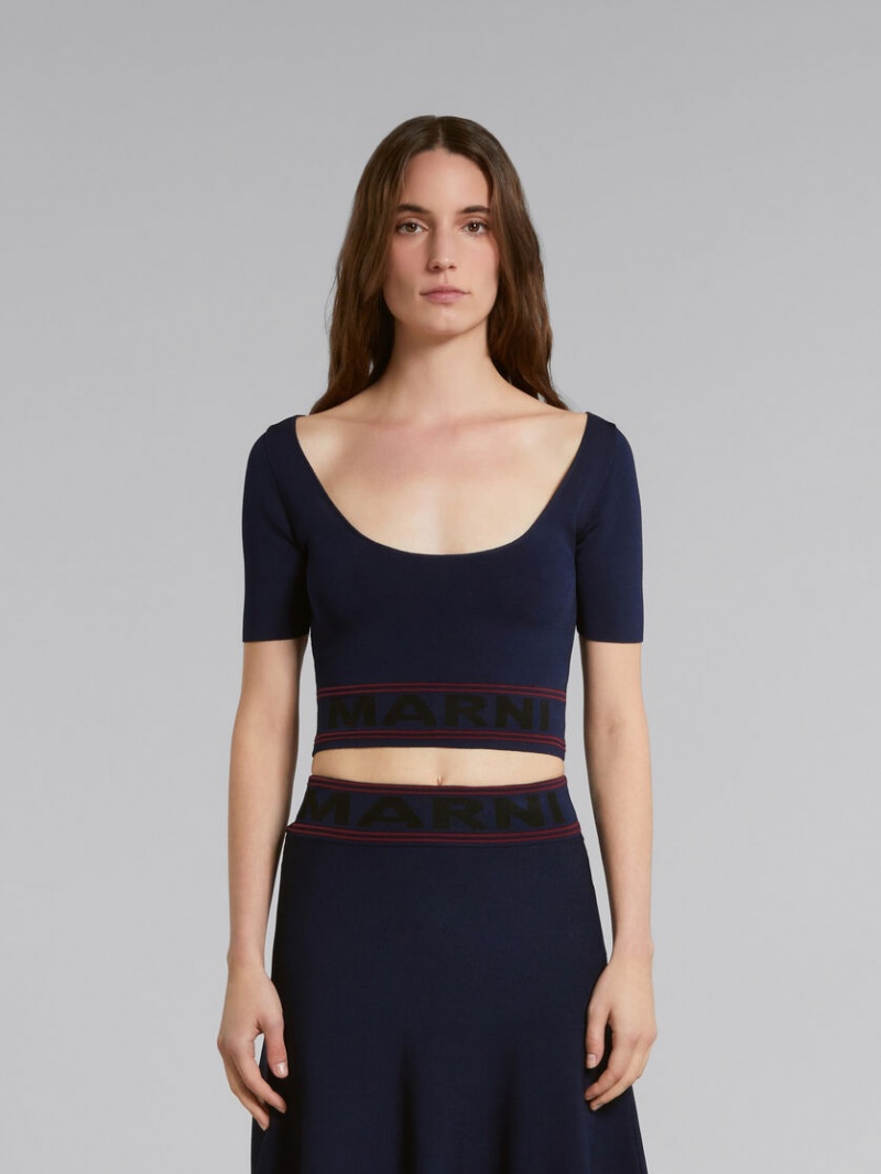 Marni Scoop-neck Top With Logo Hem μπλε | PGRQX64754