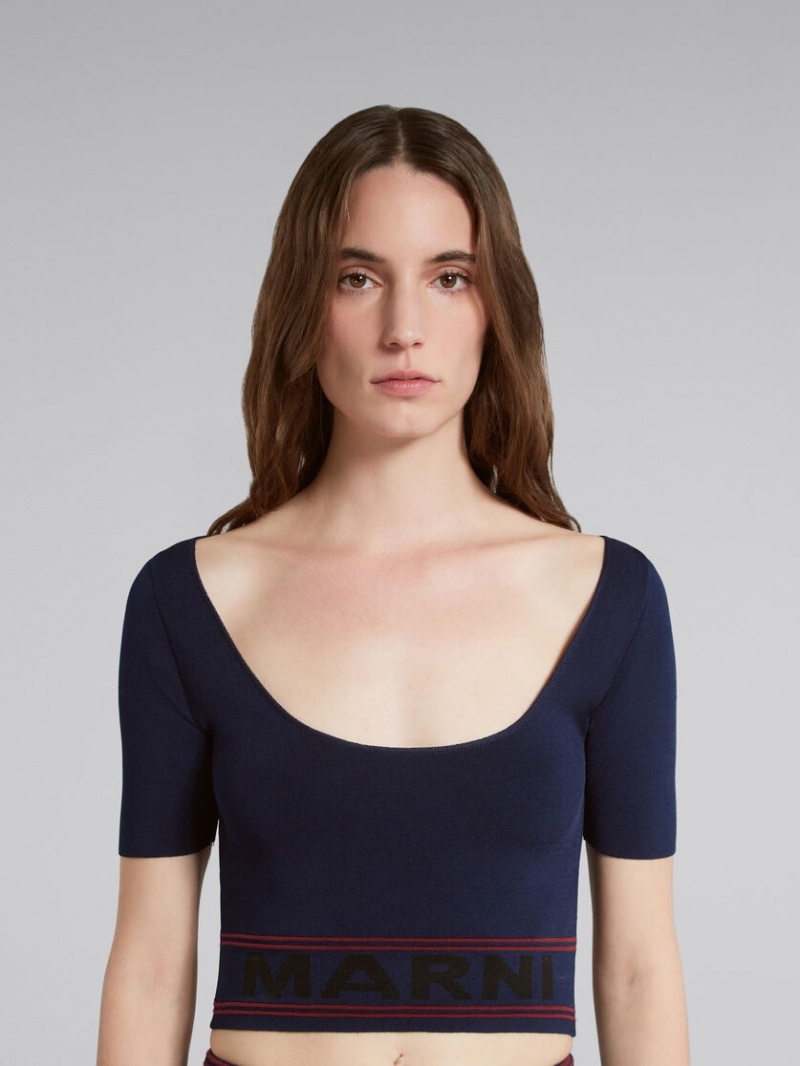 Marni Scoop-neck Top With Logo Hem μπλε | PGRQX64754