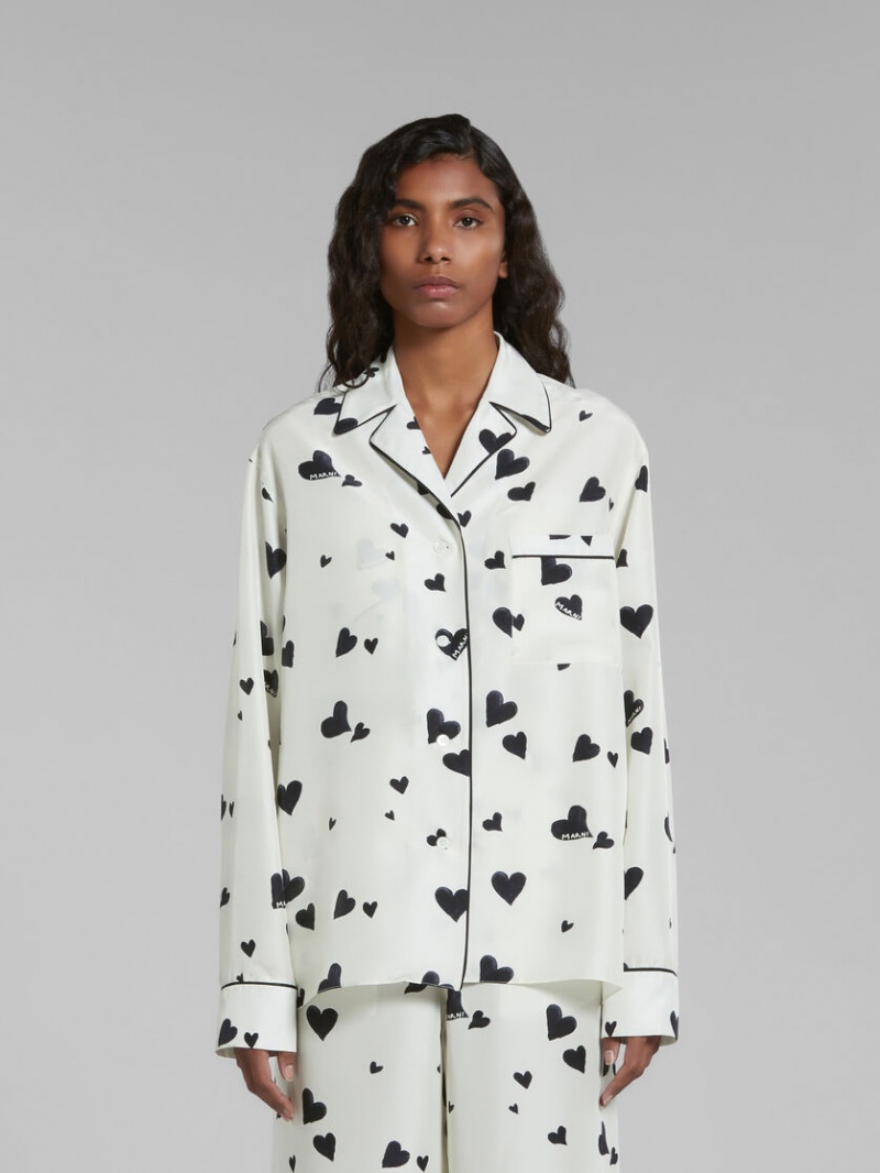 Marni Silk Pyjama Shirt With Bunch Of Hearts Print ασπρα | GGRUC29801