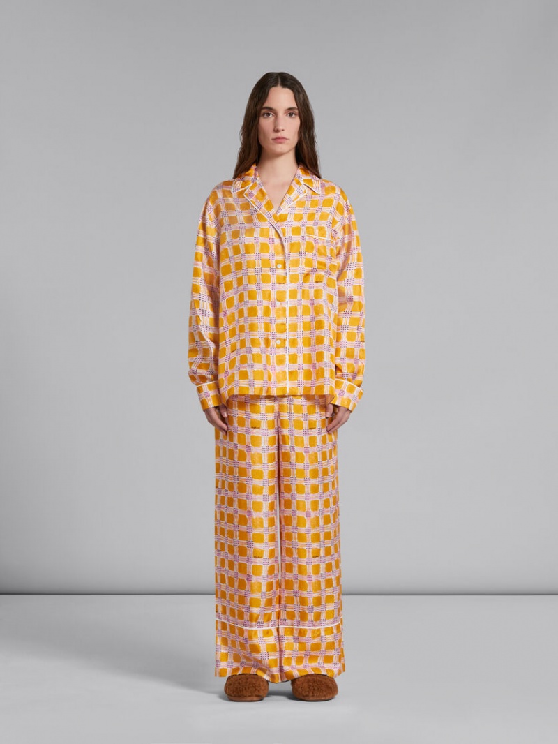 Marni Silk Twill Pyjama Pants With Check Fields Print κίτρινα | MGRHR47012