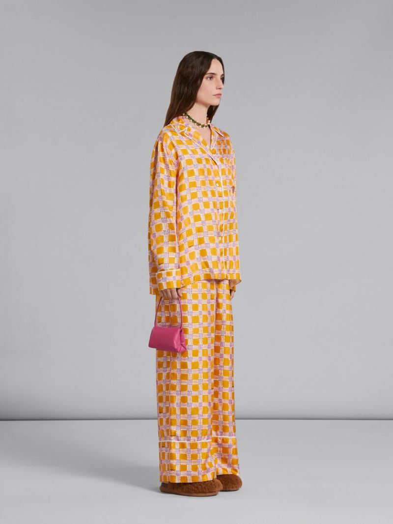 Marni Silk Twill Pyjama Pants With Check Fields Print κίτρινα | MGRHR47012