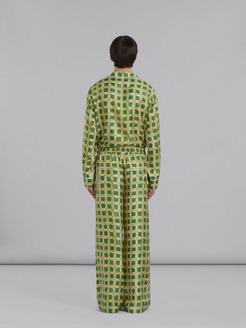 Marni Silk Twill Trousers With Check Fields Print πρασινο | GRJBT14156