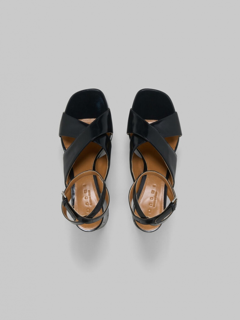 Marni λουστρινι δερματινα flatforms Sandal μαυρα | GGREC17800