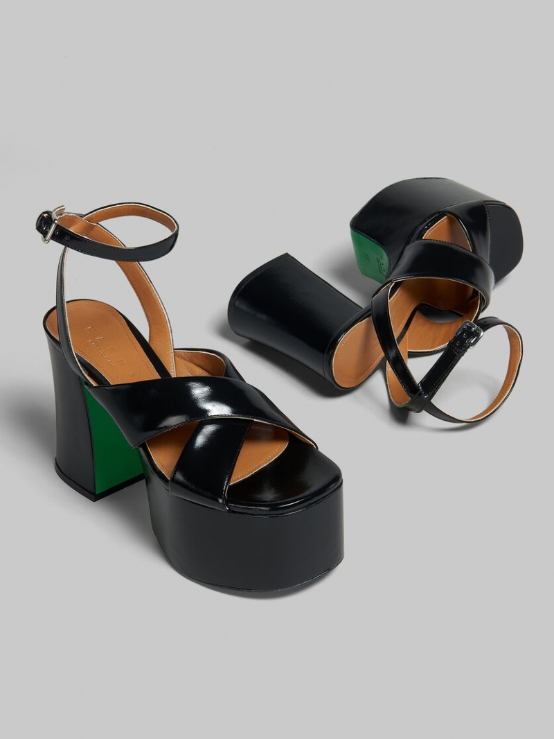 Marni λουστρινι δερματινα flatforms Sandal μαυρα | GGREC17800